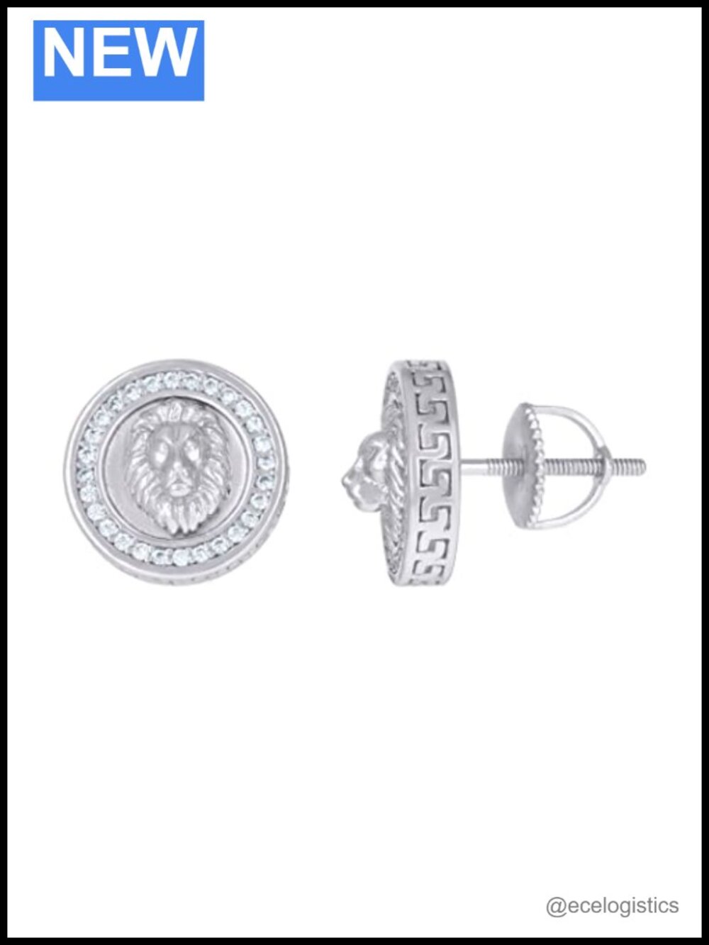 Sterling Silver Men's Cubic Zirconia Lion Head Stud Earrings 10mm